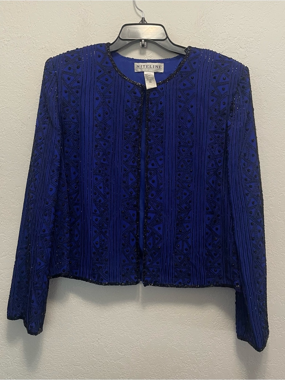 Niteline Blue Jacket Silk Beaded Embroidered Long Sleeves Hook Closure XL